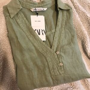 Zara 100% Linen Light Green Shirt (XS,4) Brand New Summer long sleeve Shirt